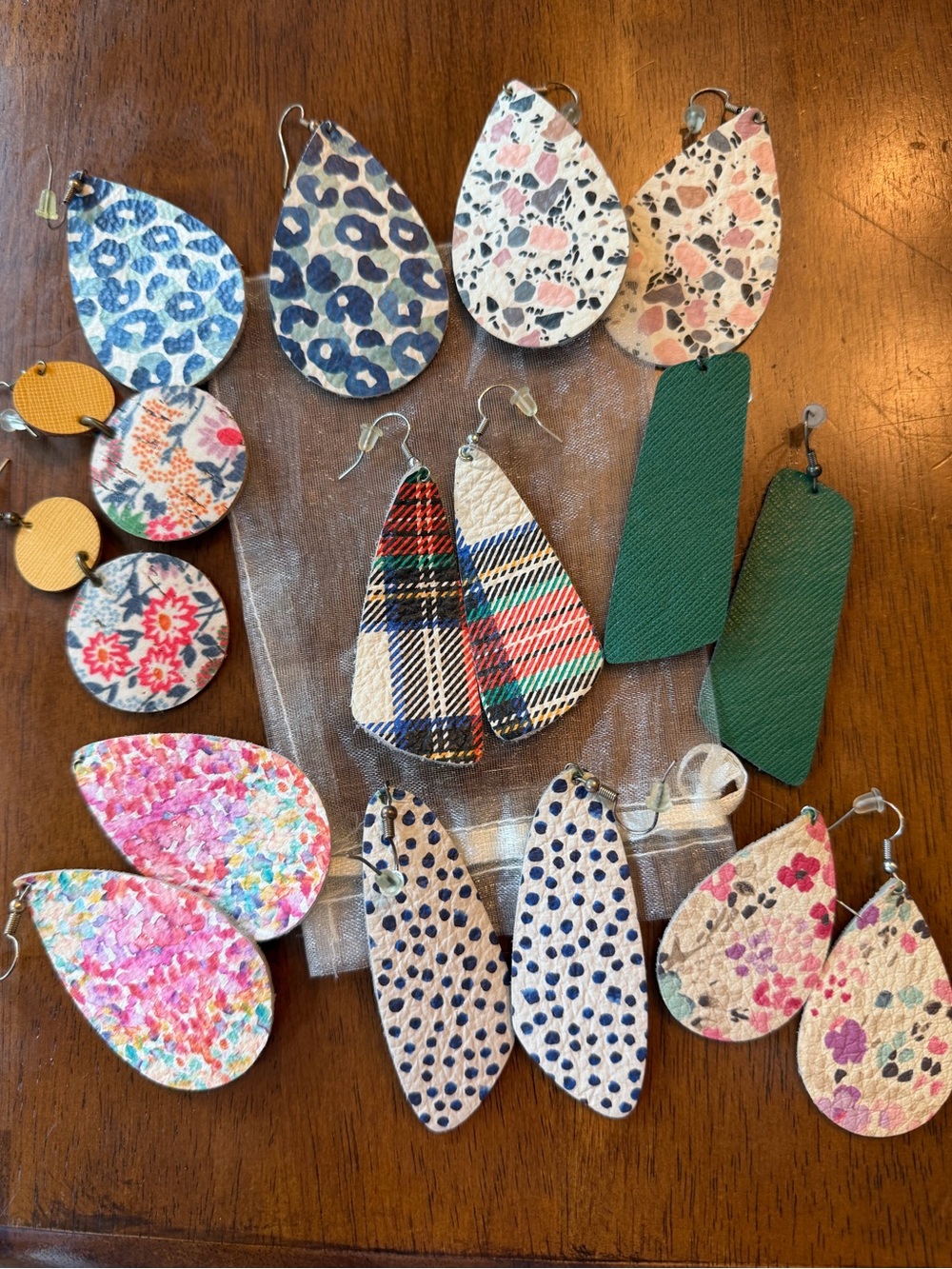 Lot of Assorted Faux Leather Teardrop & Dangle Earrings - Floral, Plaid, Green